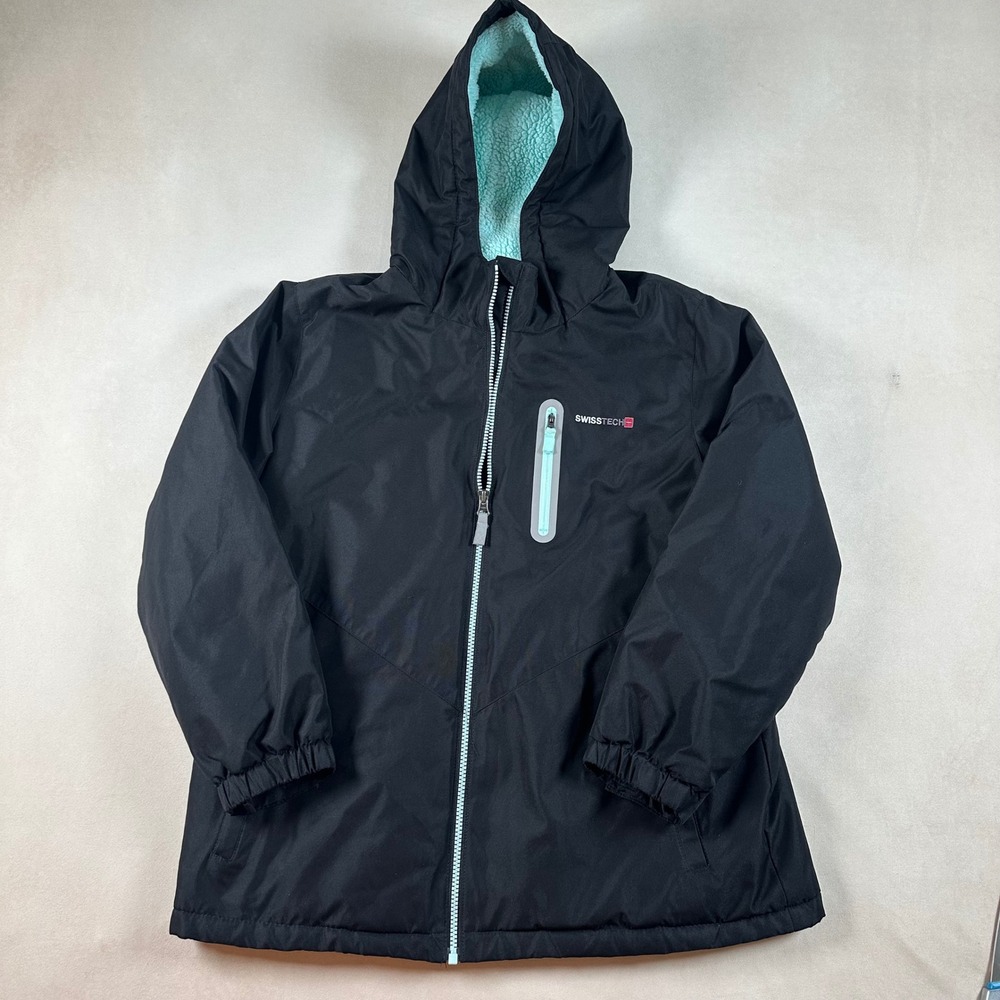 SwissTech Womens XL 14-16 Black Hooded Jacket Aqua Full Zip Outdoor